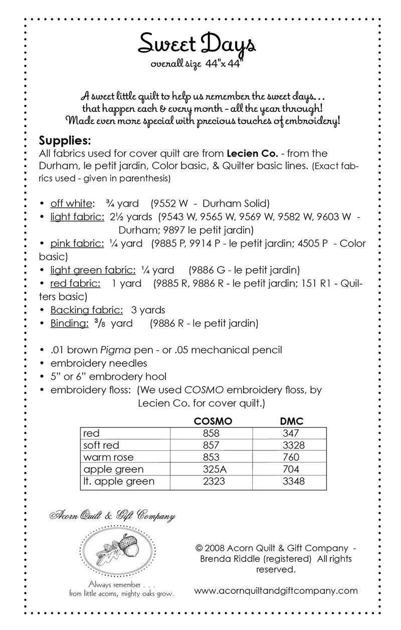 Sweet Pattern Days Sweet Days - PDF pattern – brenda riddle designs